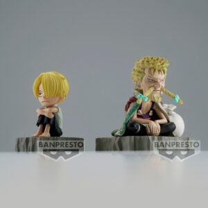 Figurine de Sanji et Zeff assis sur un rocher, mesurant 6 cm, représentant leur détermination après une tempête, fabriquée par Banpresto.
