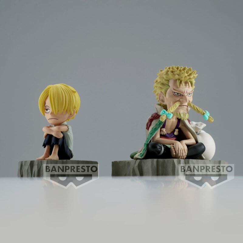 Figurine de Sanji et Zeff assis sur un rocher, mesurant 6 cm, représentant leur détermination après une tempête, fabriquée par Banpresto.