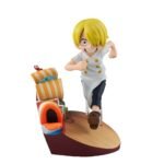 one-piece-figurine-sanji-run-run-run-ver-gem-series-megahouse_1 Figurine de Sanji en pose dynamique, courant dans une réplique du Baratie, avec une tenue de cuisinier détaillée en blanc et noir, fabriquée par MEGAHOUSE.