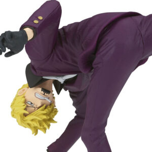 Figurine de Sanji dans une pose dynamique, représentant son coup de pied arrière, avec des détails précis et une finition soignée, fabriquée par Banpresto.