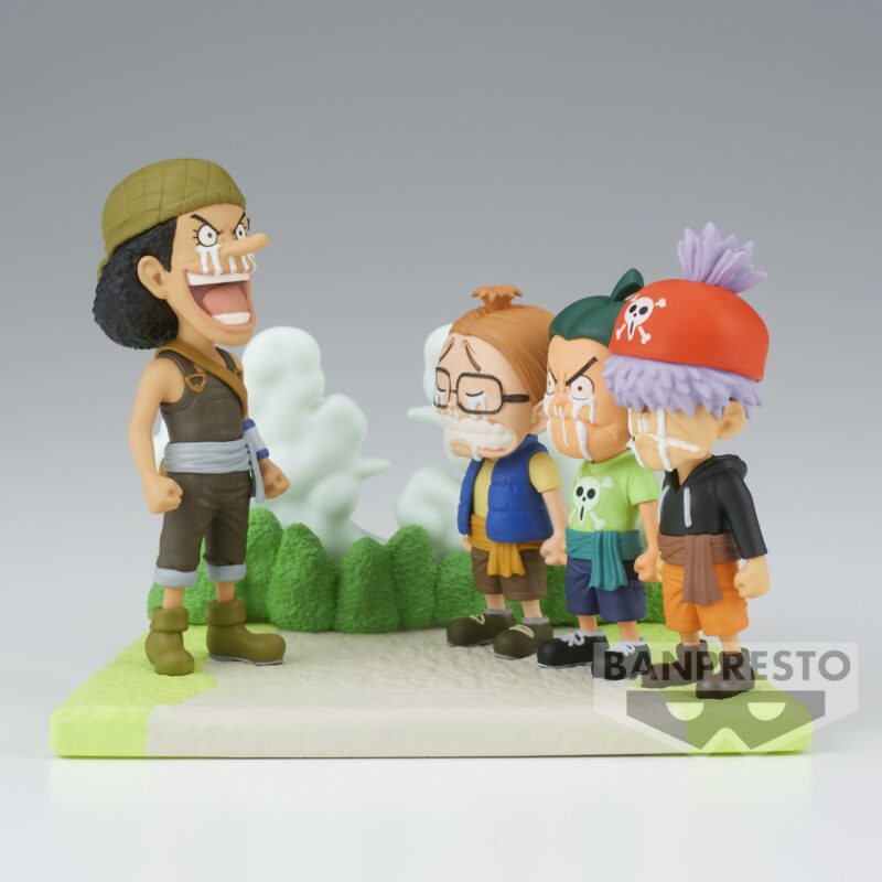 Figurine d'Usopp en PVC de 7 cm représentant un moment émotionnel où il fait ses adieux à ses jeunes compagnons, avec des détails soignés et une pose dynamique.