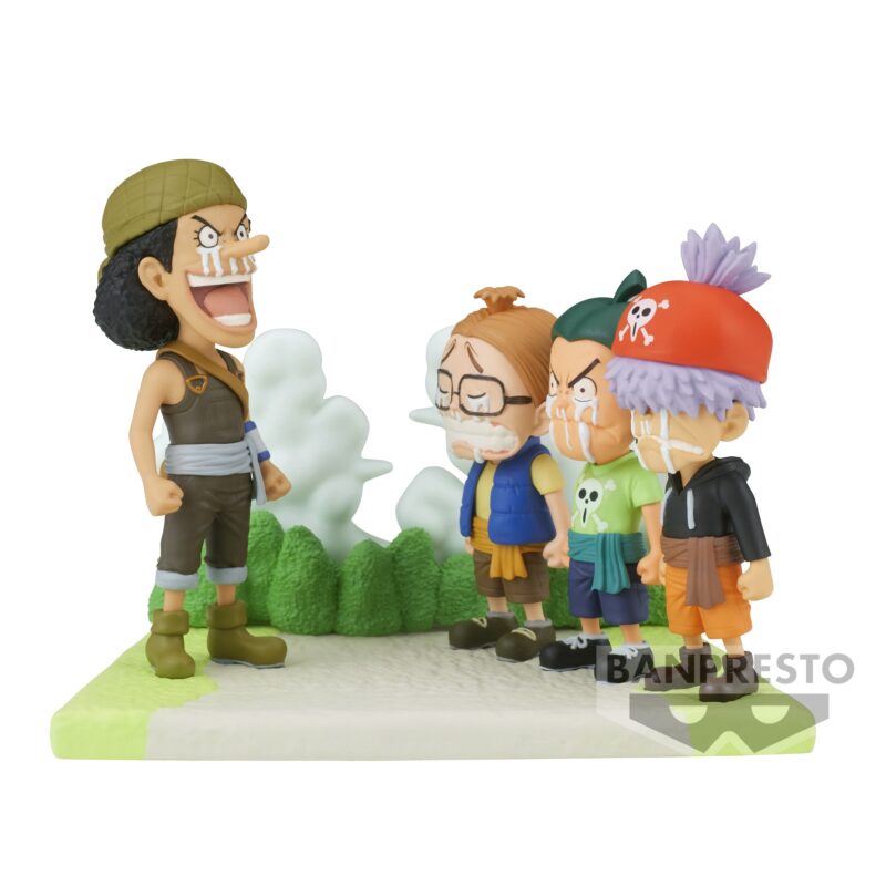 Figurine d'Usopp en PVC de 7 cm représentant un moment émotionnel où il fait ses adieux à ses jeunes compagnons, avec des détails soignés et une pose dynamique.