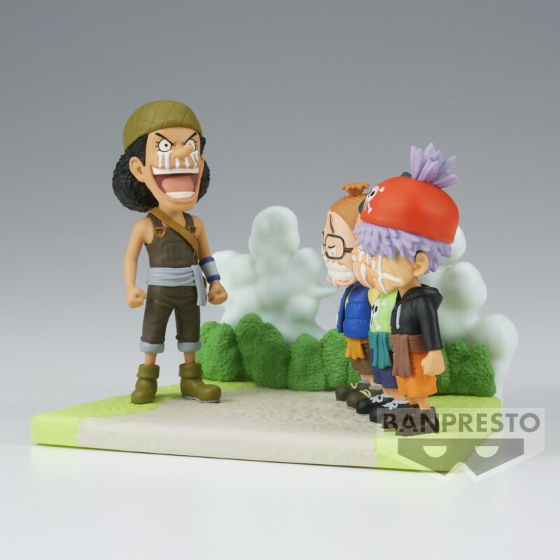 Figurine d'Usopp en PVC de 7 cm représentant un moment émotionnel où il fait ses adieux à ses jeunes compagnons, avec des détails soignés et une pose dynamique.