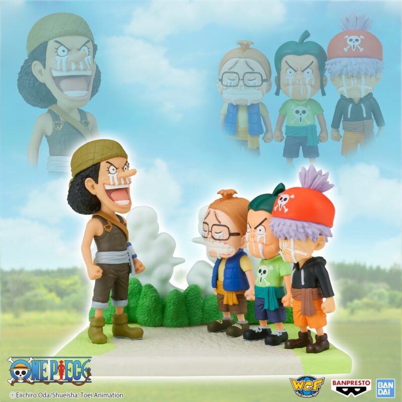 Figurine d'Usopp en PVC de 7 cm représentant un moment émotionnel où il fait ses adieux à ses jeunes compagnons, avec des détails soignés et une pose dynamique.