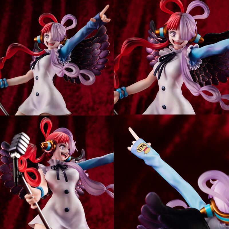 Figurine d'Uta de One Piece mesurant 23 cm, tenant un micro sur un pied, avec des cheveux blancs et roses, vêtue d'une robe élégante, affichant une pose dynamique et joyeuse. Fabriquée en PVC par MegaHouse.