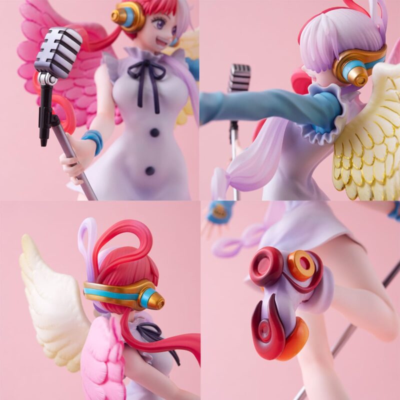Figurine d'Uta de One Piece mesurant 23 cm, tenant un micro sur un pied, avec des cheveux blancs et roses, vêtue d'une robe élégante, affichant une pose dynamique et joyeuse. Fabriquée en PVC par MegaHouse.