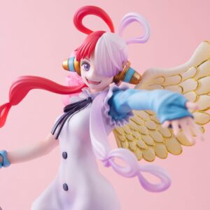 Figurine d'Uta de One Piece mesurant 23 cm, tenant un micro sur un pied, avec des cheveux blancs et roses, vêtue d'une robe élégante, affichant une pose dynamique et joyeuse. Fabriquée en PVC par MegaHouse.