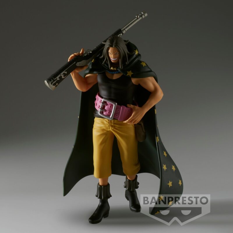 Figurine Yasopp de One Piece, mesurant 16 cm, avec une pose dynamique, un sourire confiant, et un fusil reposant sur son épaule, fabriquée en PVC avec des détails précis.