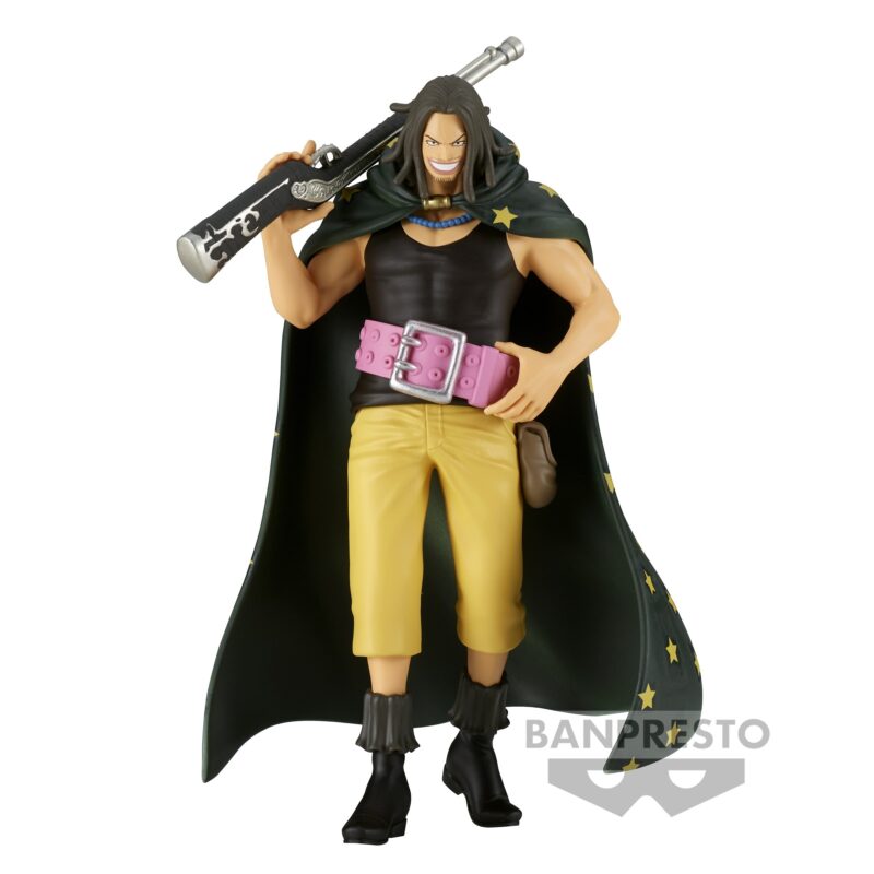 Figurine Yasopp de One Piece, mesurant 16 cm, avec une pose dynamique, un sourire confiant, et un fusil reposant sur son épaule, fabriquée en PVC avec des détails précis.
