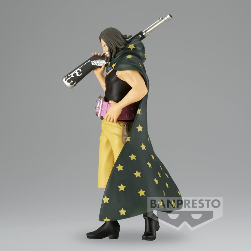 Figurine Yasopp de One Piece, mesurant 16 cm, avec une pose dynamique, un sourire confiant, et un fusil reposant sur son épaule, fabriquée en PVC avec des détails précis.