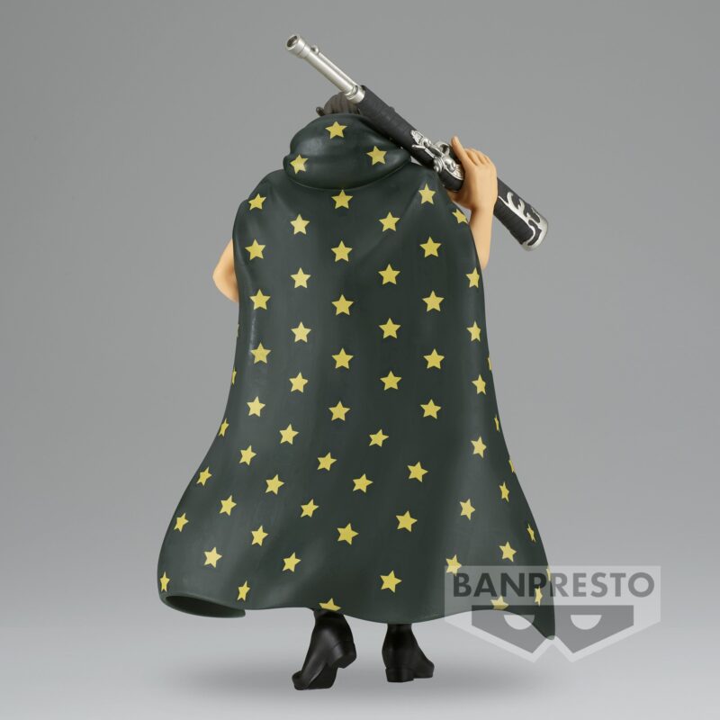 Figurine Yasopp de One Piece, mesurant 16 cm, avec une pose dynamique, un sourire confiant, et un fusil reposant sur son épaule, fabriquée en PVC avec des détails précis.