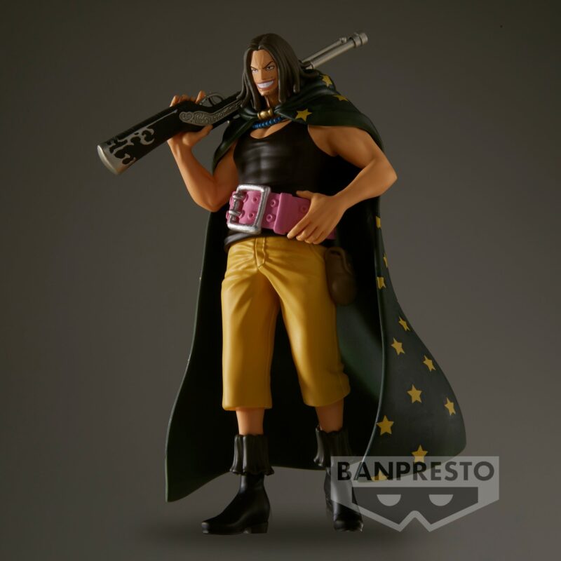 Figurine Yasopp de One Piece, mesurant 16 cm, avec une pose dynamique, un sourire confiant, et un fusil reposant sur son épaule, fabriquée en PVC avec des détails précis.