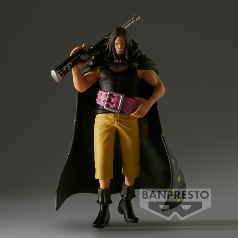 Figurine Yasopp de One Piece, mesurant 16 cm, avec une pose dynamique, un sourire confiant, et un fusil reposant sur son épaule, fabriquée en PVC avec des détails précis.