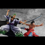 Figurine de Roronoa Zoro dans sa version Zoro Juro, représentant le personnage avec une pose dynamique, fabriquée en PVC par MEGAHOUSE, montrant des détails soignés et une finition de qualité.