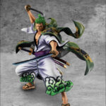 Figurine de Roronoa Zoro dans sa version Zoro Juro, représentant le personnage avec une pose dynamique, fabriquée en PVC par MEGAHOUSE, montrant des détails soignés et une finition de qualité.