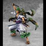 Figurine de Roronoa Zoro dans sa version Zoro Juro, représentant le personnage avec une pose dynamique, fabriquée en PVC par MEGAHOUSE, montrant des détails soignés et une finition de qualité.