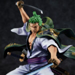 Figurine de Roronoa Zoro dans sa version Zoro Juro, représentant le personnage avec une pose dynamique, fabriquée en PVC par MEGAHOUSE, montrant des détails soignés et une finition de qualité.