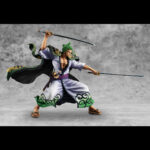 Figurine de Roronoa Zoro dans sa version Zoro Juro, représentant le personnage avec une pose dynamique, fabriquée en PVC par MEGAHOUSE, montrant des détails soignés et une finition de qualité.