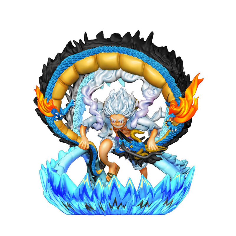 Figurine de Luffy Gear 5 capturant sa transformation emblématique avec une pose dynamique sous la pleine lune, fabriquée par MEGAHOUSE.