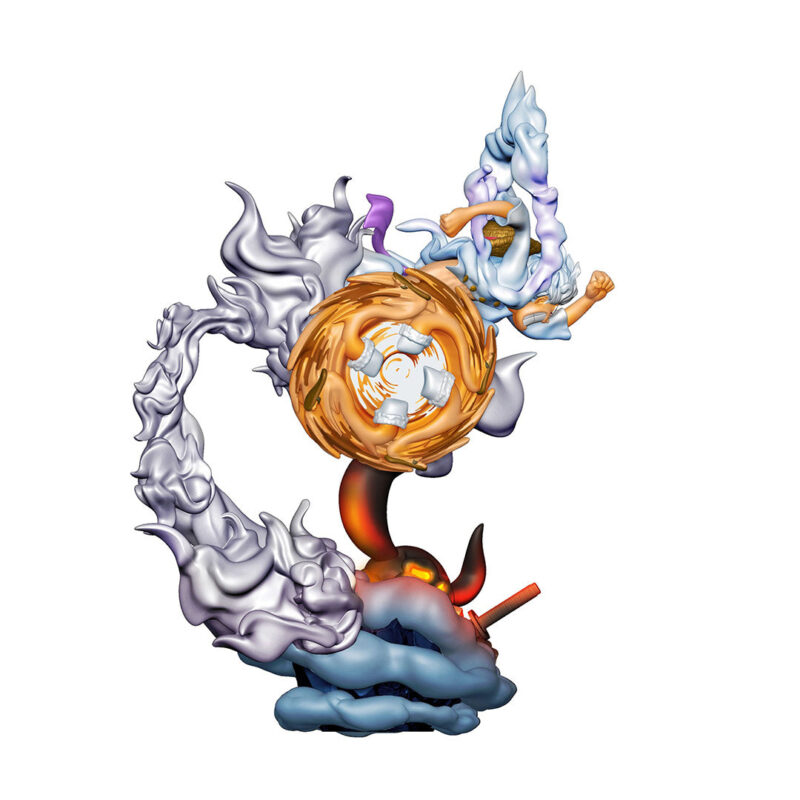 Figurine de Luffy Gear 5 capturant sa transformation emblématique avec une pose dynamique sous la pleine lune, fabriquée par MEGAHOUSE.