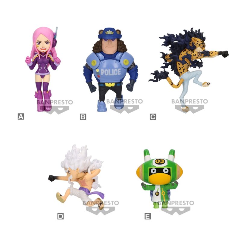 Figurine de Luffy et Rob Lucci de One Piece, sculptée en PVC avec des détails fins, en pose dynamique, mesurant 7 cm, fabriquée par BANPRESTO.