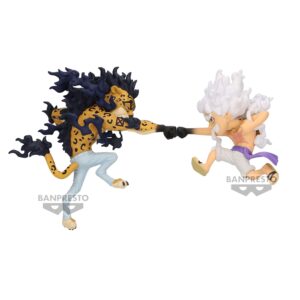 Figurine de Luffy et Rob Lucci de One Piece, sculptée en PVC avec des détails fins, en pose dynamique, mesurant 7 cm, fabriquée par BANPRESTO.