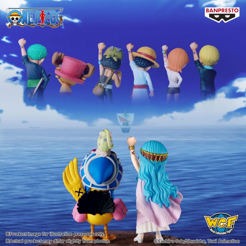 Figurine WCF de Luffy, capitaine de l'équipage du Chapeau de Paille, mesurant 7 cm, dans une pose emblématique avec le poing levé, représentant un moment d'émotion avec la princesse Nefertari Vivi, fabriquée par Banpresto.
