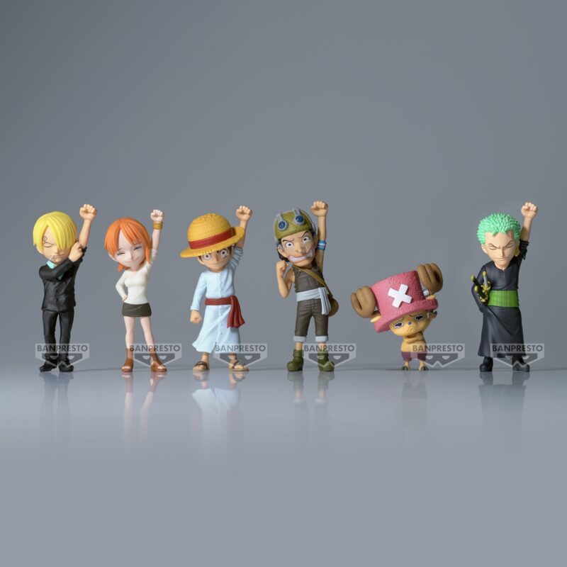 Figurine WCF de Luffy, capitaine de l'équipage du Chapeau de Paille, mesurant 7 cm, dans une pose emblématique avec le poing levé, représentant un moment d'émotion avec la princesse Nefertari Vivi, fabriquée par Banpresto.