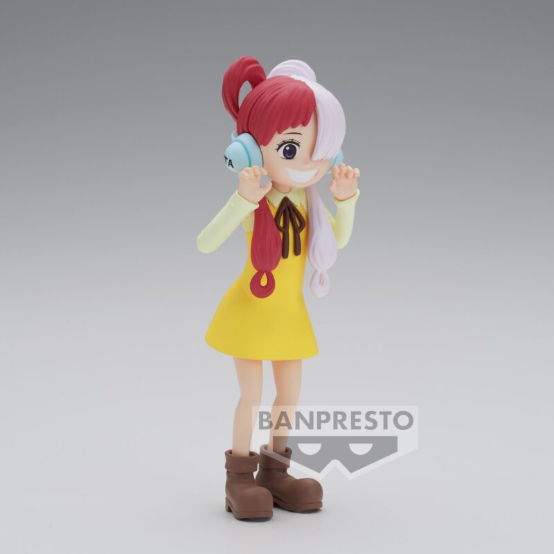 Figurine d'Uta enfant de la collection DXF The Grandline Children Series de Banpresto, avec des cheveux longs blancs d'un côté et rouge-rose de l'autre, représentant une pose dynamique et captivante.