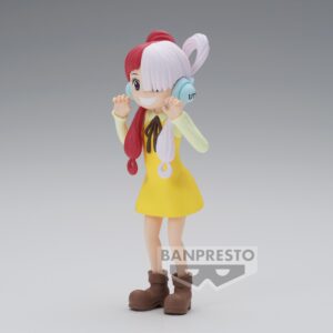 Figurine d'Uta enfant de la collection DXF The Grandline Children Series de Banpresto, avec des cheveux longs blancs d'un côté et rouge-rose de l'autre, représentant une pose dynamique et captivante.
