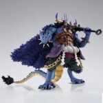 Figurine de Kaido dans sa forme hybride, mesurant 25 cm, avec cinq visages interchangeables et un kanabo, accompagnée d'une gourde à saké, fabriquée par TAMASHII NATIONS.