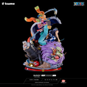 Statue de Baggy le Clown en résine, représentant une scène de combat avec l'équipage du Chapeau de Paille, sur un socle détaillé avec des débris et des trésors dispersés.