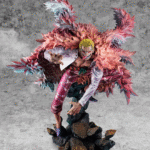 Figurine de Doflamingo portant un manteau en plumes roses et des lunettes de soleil en forme de tête de flamant rose, avec une pose dynamique et des détails colorés, fabriquée par MegaHouse.