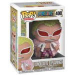 Figurine Pop de Doflamingo avec un manteau de plumes roses et des lunettes de soleil, mesurant 9 cm, fabriquée par Funko, affichant une pose dynamique.