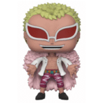 Figurine Pop de Doflamingo avec un manteau de plumes roses et des lunettes de soleil, mesurant 9 cm, fabriquée par Funko, affichant une pose dynamique.