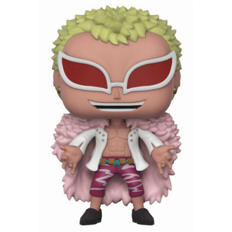 Figurine Pop de Doflamingo avec un manteau de plumes roses et des lunettes de soleil, mesurant 9 cm, fabriquée par Funko, affichant une pose dynamique.