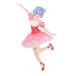 Vue 3/4 avant en plan d'ensemble de la figurine de Rem de Re:Zero - Starting Life in Another World Cherry Blossom Ver en train de sauter.