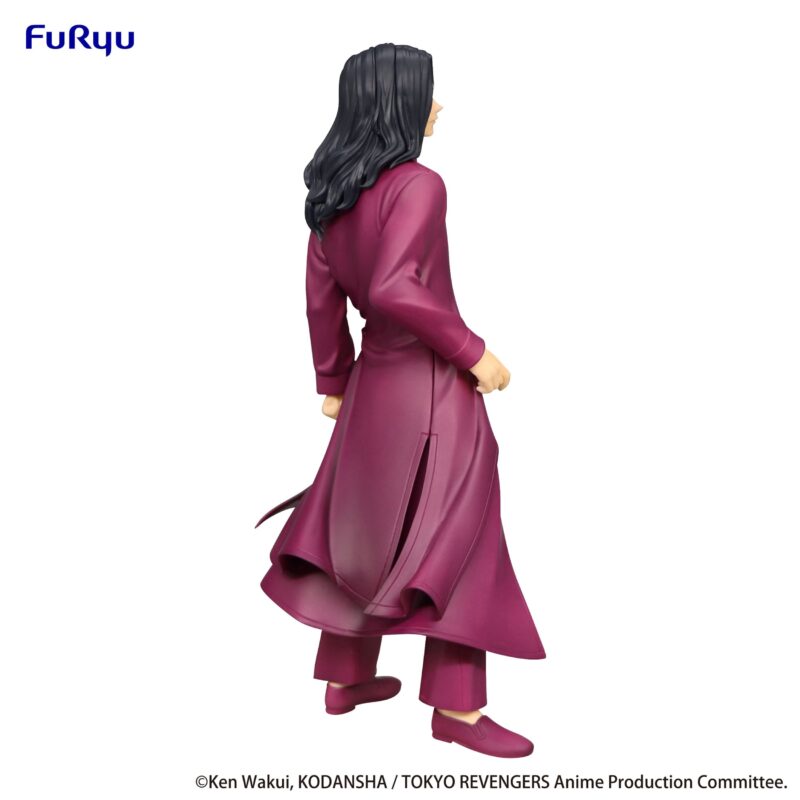 Vue 3/4 de dos à mi-distance de la figurine de Keisuke Baji de Tokyo Revengers en tenue chinoise maroon, sans accessoires.