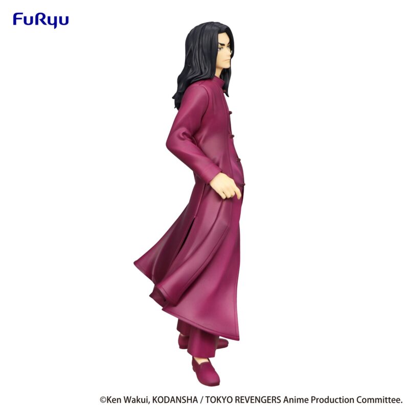Vue de profil à mi-distance de la figurine de Baji Keisuke de Tokyo Revengers en robe maroon, sans accessoires.