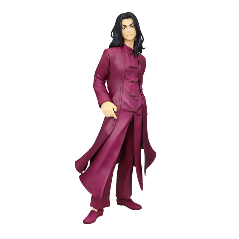 Vue 3/4 de face en plan entier de la figurine de Baji Keisuke de Tokyo Revengers en manteau et pantalon bordeaux.