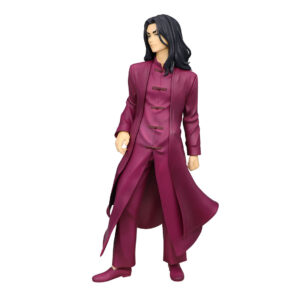 Vue 3/4 de face à mi-distance de la figurine de Baji Keisuke de Tokyo Revengers en long manteau maroon, sans accessoires.