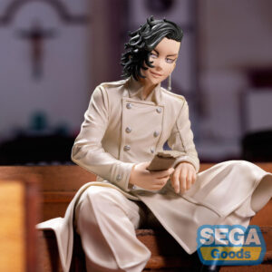 Vue 3/4 de face à mi-distance de la figurine de Hajime Kokonoi de Tokyo Revengers en manteau beige, tenant un smartphone.