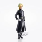 Vue 3/4 de face à mi-distance de la figurine de Rindo Haitani de Tokyo Revengers en manteau noir, sans boîte.